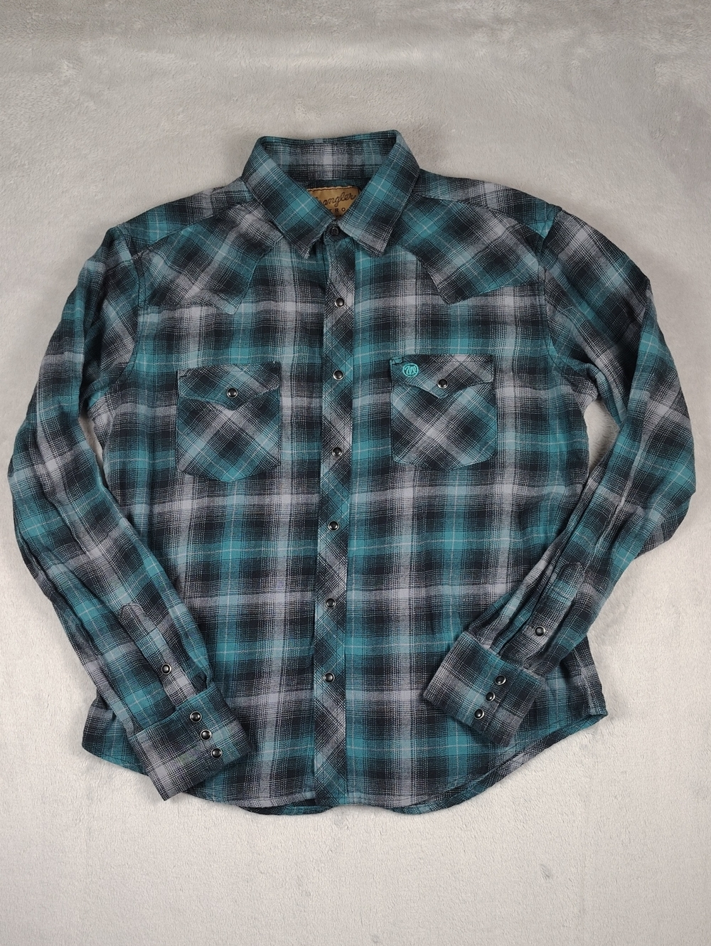 Wrangler Retro Western Shirts Turquoise & Black Plaid Button Up Shirt Size Large